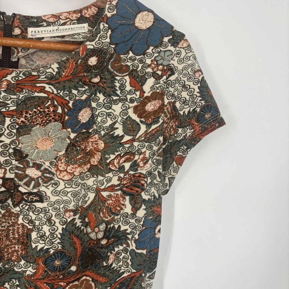 Peruvian Connection Womens Shift Dress Small Floral Pleated Pockets Stretch Boho - Picture 3 of 9